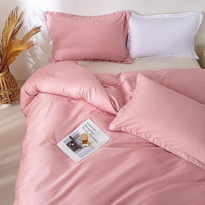 OAITE Duvet Cover Set 100% Washed Cotton Solid 3pcs | Soft,Durable,Long-staple Cotton,Hidden Zipper with 8 Interior Corner Ties,2 Pillowcases