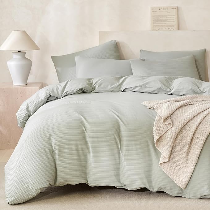 Queen Size Comforter Set Striped Sage Green Luxury Washed Microfiber Jacquard 3 Pieces Bedding, Sage Green Vertical Ticking Stripes Comforter with 2 Pillowcases Soft Breathable Durable Comfy
