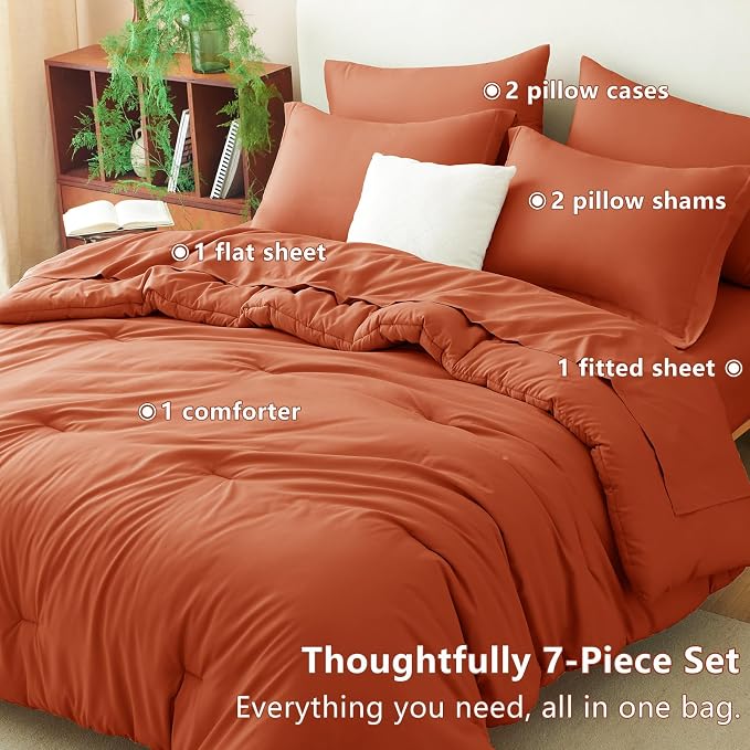 Queen Comforter Set Terracotta, 7 Pieces Bed in a Bag | OEKO-TEX Certified, All-Season, Bedroom, 240GSM Down Alternative Comforter, Flat & Fitted Sheets, 2 Pillowcases & 2 Shams