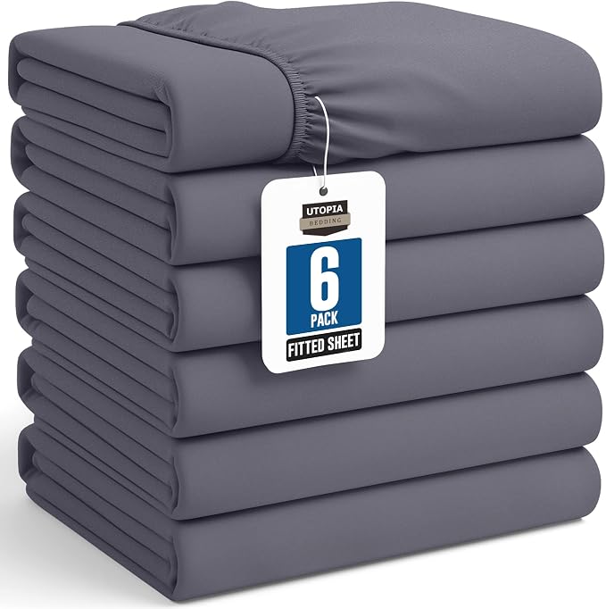Pack of 6 Full Fitted Sheet, Fits Up to 16 Inch Deep Pocket, Grey | Hotel Comfort, Cooling & Breathable Cotton like Polyester, Easy Fit, Wrinkle & Fade Resistant, Snug Fit, Easy Care, Oeko-Tex