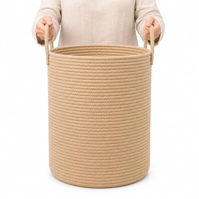 OrganiHaus Tall Cotton Rope Laundry Basket & Hamper, Blanket Storage 52L | Full Honey - Tall Cotton Rope Hamper, 52L