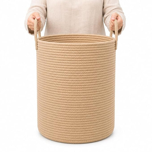 OrganiHaus Tall Cotton Rope Laundry Basket & Hamper, Blanket Storage 52L | Full Honey - Tall Cotton Rope Hamper, 52L