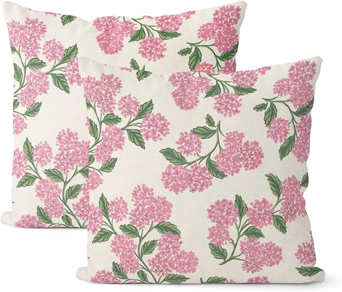 Preppy Pink Pillow Covers 22x22 Inch 2 Pcs Green Hydrangea Flower Decor Throw Pillows Vintage Floral Seasonal Spring Summer Outdoor Decoration Pillowcase Linen Cushion Cover for Couch Sofa