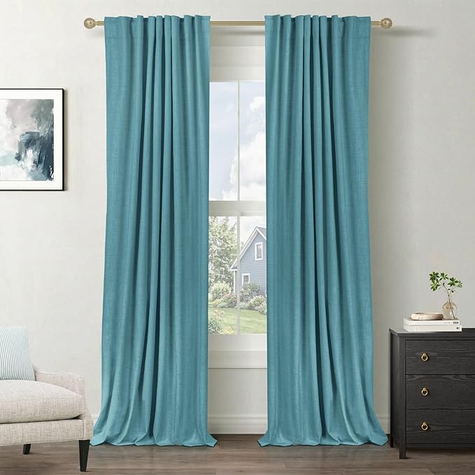 Faux Linen Total Blackout Curtains for Bedroom 96 Inches Long, Dark Cyan | 100% Blackout Shield, Back Tab/Rod Pocket Living Room Drapes, Thermal Insulated Blackout Curtains 2 Panels Set, 50"W x 96"L