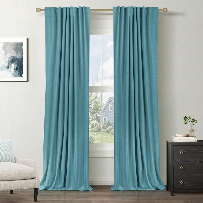 Faux Linen Total Blackout Curtains for Bedroom 90 Inches Long, Dark Cyan | 100% Blackout Shield, Back Tab/Rod Pocket Living Room Drapes, Thermal Insulated Blackout Curtains 2 Panels Set, 50"W x 90"L