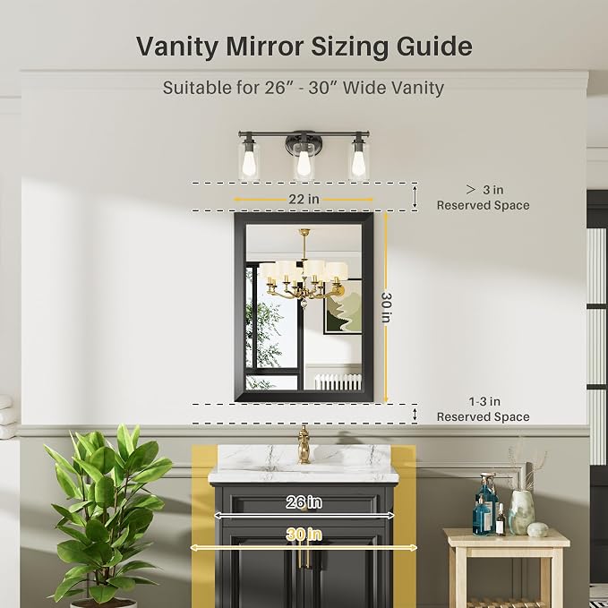 Black Metal Framed Bathroom Wall Mirror, 22x30 Inch | Anti-rust, HD tempered glass, for bathroom vanity, bedroom, living room, horizontal or vertical mount