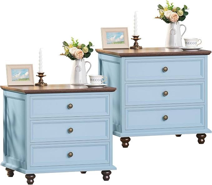 Joaxswe 24" Wide Farmhouse Night Stand Set of 2,Large End Table with 3 Drawers & Metal Handle,Wood Dresser for Bedroom Cabinet,Light Blue Bed Side Table Chest of Drawers,Nightstand for Living Room