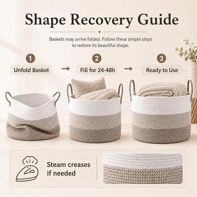 JMvicyroam 115L Extra Large Machine Washable Cotton Rope Blanket Basket | Collapsible laundry hamper, Reinforced handles, For blankets,pillows,toys and clothes, Living room and bedroom,White&BrownMix