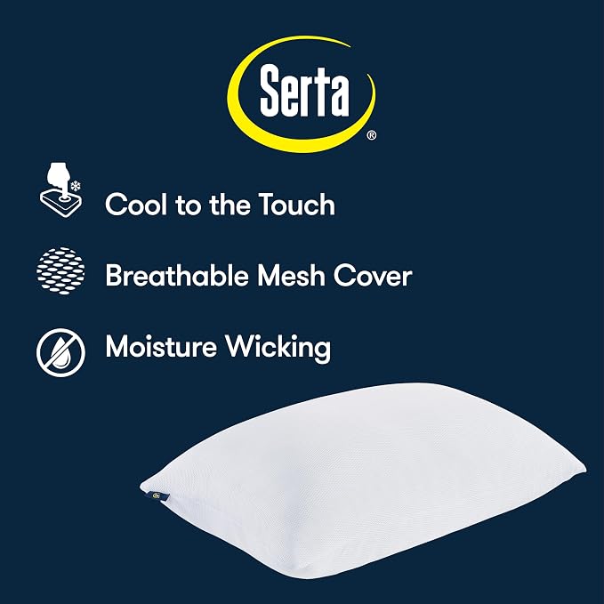 Serta Won't Go Flat Down Alternative Cooling Bed Pillows, Extra Life Foam Core with Medium Support, Perfect for Back, Stomach or Side Sleepers (2 Pack), Standard/Queen, White