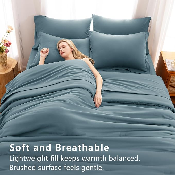 Queen Comforter Set Mineral Blue, 7 Pieces Bed in a Bag | OEKO-TEX Certified, All-Season, Bedroom, 240GSM Down Alternative Comforter, Flat & Fitted Sheets, 2 Pillowcases & 2 Shams