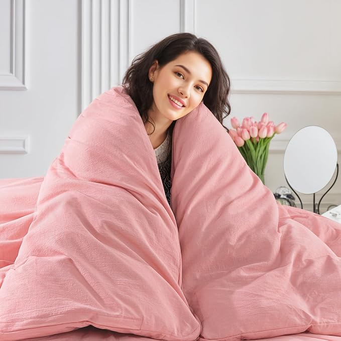 NEXHOME PRO Duvet Cover Twin 100% Washed Cotton, Organic Natural Linen Like Textured, Breathable, Durable, Home Bedding Set, Heathered Pink 6890
