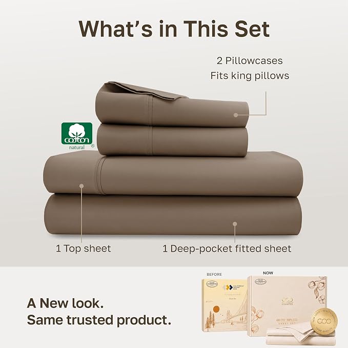 California Design Den 100% Cotton Sateen Deep Pocket King Sheet Set, Mocha | 400 Thread Count Backed by Good Housekeeping Seal, 16" Deep Pocket, All-Around Elastic, Durable, Easy Care