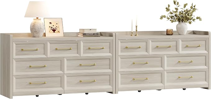 SICOTAS Dresser for Bedroom with 7 Drawers, 56.5" Wide Large Modern Dresser | Chest of Drawers for Living Room, Closet Clothes Storage Organizer Smooth Sliding Drawers, Grey White Oak