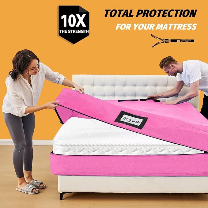 Mattress Bags for Moving, BETU Mattress Protector Waterproof Mattress Cover Full Size Storage Bags with 8 Heavy-Duty Handles and Zipper for Bed Extra Thick Large Reusable (77"x57"x15" Pink)