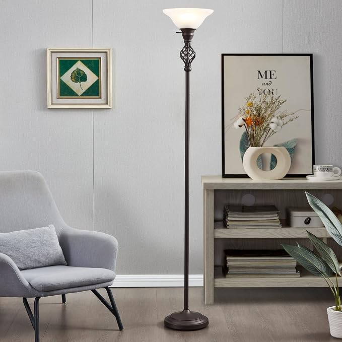 GyroVu Torchiere Floor Lamp for Living Room, LED Standing Reading Light | Glass Lampshade,72" Vintage Tall Lamps for Bedroom Corner Home Office, Bulbs Included