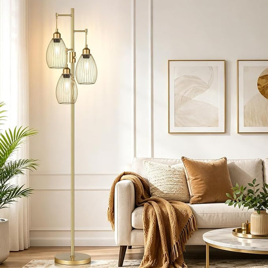 Dimmable Floor Lamp, 3 x 800LM LED Edison Bulbs Included, Farmhouse Industrial Floor Lamp Standing Tree Lamp with Elegant Teardrop Cage Head Tall Lamp for Living Room Bedroom Office Dining Room - Gold