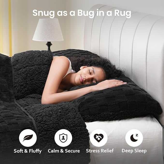 Drewin Weighted Blanket Queen Size 15lbs for Adults,Black,60 x 80 inches | Stress Relief & Better Sleep,Soft Jacquard Sherpa with Glass Beads,Machine Washable,Great for Napping,Relaxing,Reading