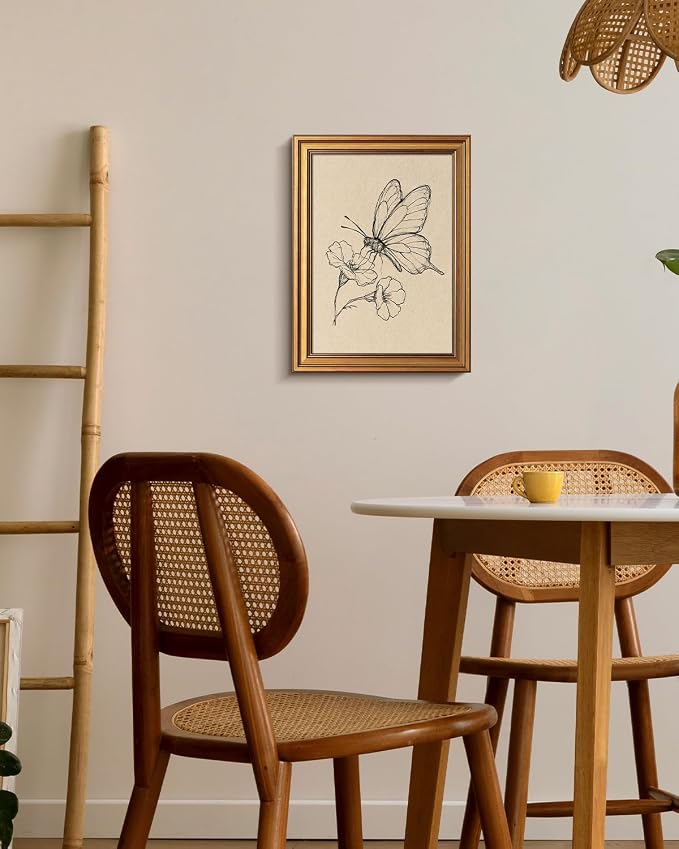 VIYYIEA Vintage Gold Framed Wall Art for Living Room, Butterfly Canvas Prints Home Decor, Sketch Painting Picture, Bedroom Wall Decor Gifts for Friends or Family -【Dancing with Flowers】-(16L x 12W)