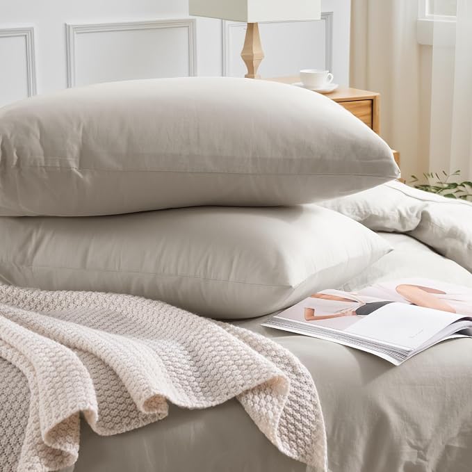 NEXHOME PRO Duvet Cover Queen Size, 100% Washed Cotton Orgnic Linen Like Textured Breathable Durable Comfy, Cream Grey