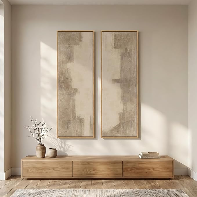 Large Framed Neutral Abstract Vertical Wall Art Decor for Hallway, 2 Pieces | Long narrow, Large canvas prints, Abstract pictures, Neutral beige, Vertical, Living room, Bedroom, Entryway wall decor