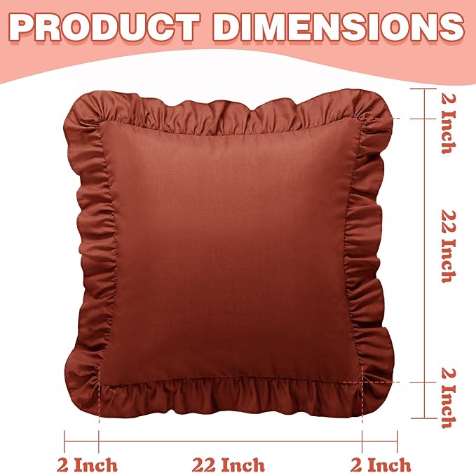 KKJIAF 2 Pack Ruffle Pillow Cases 22x22 Inches, Dusty Orange | Square Ruffled Pillow Covers, Microfiber Wrinkle Resistant Pillow Shams with Envelope Closure for Sofa Bed Living Room