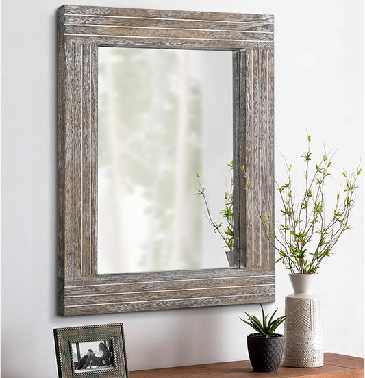 Rustic Wood Framed Wall Mirror Farmhouse Rectanglular Vintage Antique Decor Hanging Mirror for Bathroom Bedroom Living Room Entryway Small