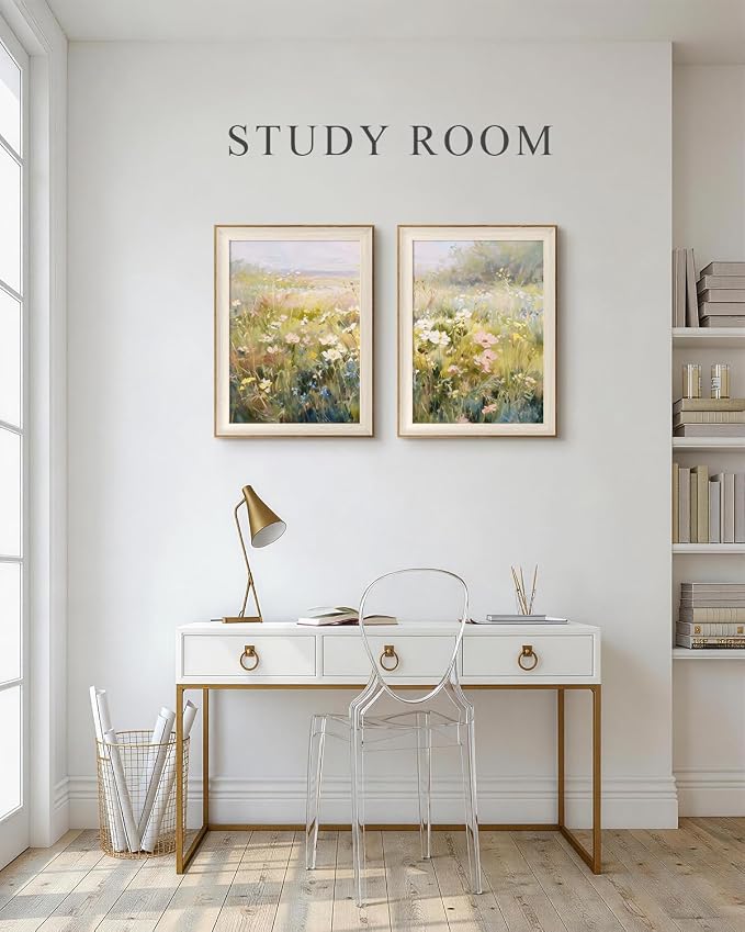 VIYYIEA Framed Canvas Wall Art Set of 2, Rustic Floral Impressionist Oil Painting, Wildflowers Meadow Nature Aesthetic Wall Decor, Living Room Bedroom Bathroom Kitchen, 12×16inch