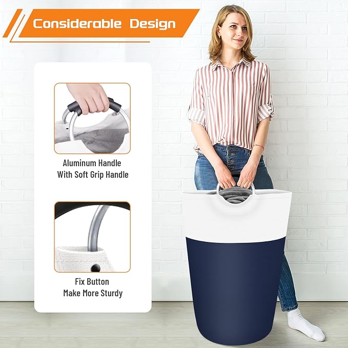 BlissTotes 90L Laundry Basket, Freestanding Collapsible Hamper, Blue | Collapsible Dirty Clothes Hamper, Foldable Laundry Bag for Dorm, Waterproof Fabric, Padded Aluminum Handles