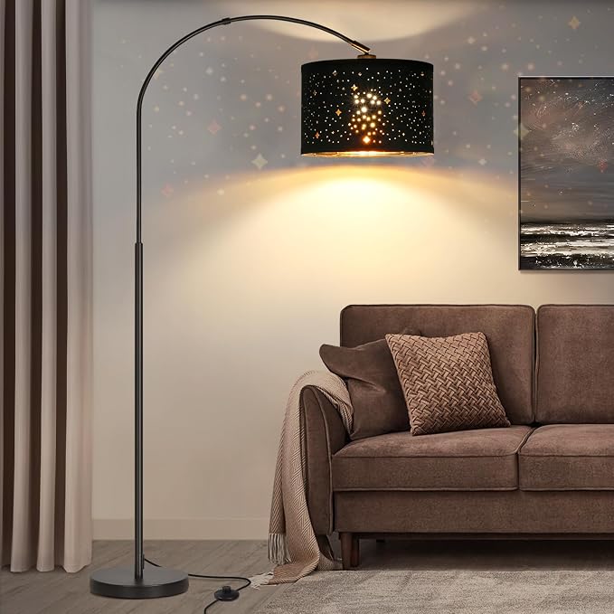 Modern Arc Floor Lamp, Tall Pole Lamp with Black Stars Lampshade | Arched Reading Light with Adjustable Lamp Head and Pedal Switch, Over Couch Hanging Light for Living Room, Bedroom, Office