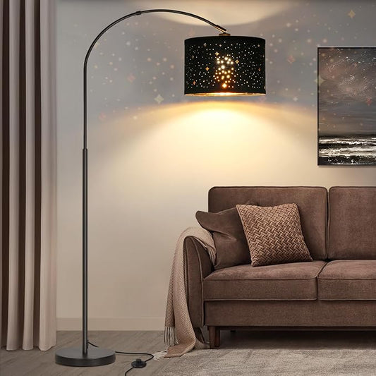 Modern Arc Floor Lamp, Tall Pole Lamp with Black Stars Lampshade | Arched Reading Light with Adjustable Lamp Head and Pedal Switch, Over Couch Hanging Light for Living Room, Bedroom, Office