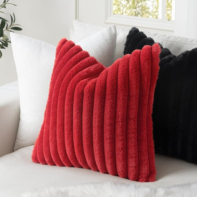 MIULEE Faux Fur Decorative Throw Pillow Covers 12x20 Set of 2 Red | Modern Soft Plush Couch Pillows, Cozy Fluffy Cushion Covers for Sofa Bed Living Room Home Decor