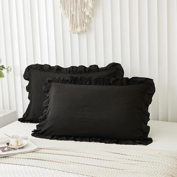 Black Pillow Shams Black Ruffle Queen Pillowcases Cute Pillow Cover Set of 2 Shabby Chic Soft Microfiber Pillowcases 2 Pack (Queen (20''x30'')