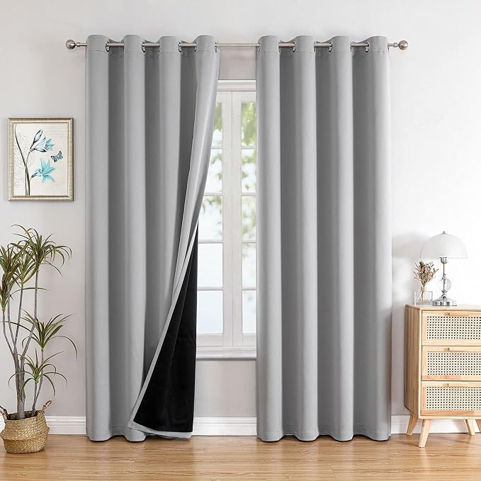ChrisDowa 100% Blackout Curtains for Bedroom 80 Inches Long 2 Panels Set | 2 Thick Layers, Thermal Insulated, Grommet, Window Treatment, Living Room Drapes with Black Liner, Light Grey, 52 x 80 Inch
