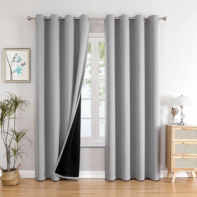 ChrisDowa 100% Blackout Curtains for Bedroom 95 Inches Long 2 Panels Set | 2 Thick Layers, Thermal Insulated, Grommet, Window Treatment, Living Room Drapes with Black Liner, Light Grey, 52 x 95 Inch
