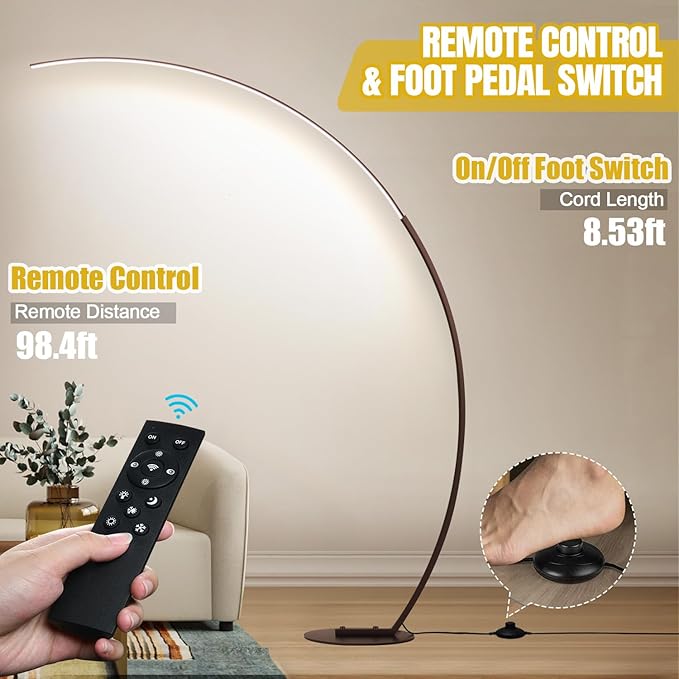 Dimmable LED Floor Lamp with 3 Color Temperatures, Ultra Bright 2000LM Brown Arc Floor Lamps for Living Room, Modern Standing Tall Lamp with Remote Control Reading Floor Lamp for Bedroom Office