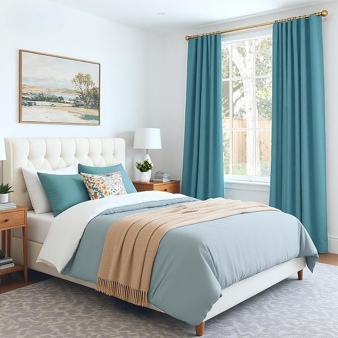 INOVADAY 100% Blackout Curtains for Bedroom Black Out Curtains 84 Inch Long | Teal Curtains for Living Room 2 Panels Set, Clip Rings Linen Look Blackout Drapes, Thermal Insulated Room Darkening,W50xL84