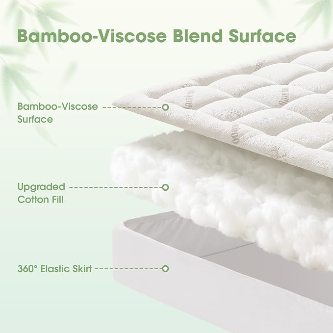 Mattress Pad Full Size, Cooling Pillow Top Mattress Topper, Ultra Soft Viscose Made from Bamboo, Breathable for Hot Sleepers, Deep Pocket 8"-20", White