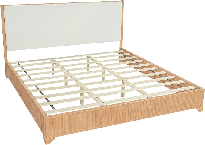 Christopher Knight Home Jill Modern King Bed Frame and Headboard, Bed Frame King with Upholstered Headboard, Wooden King Platform Bed Frame with Slat Supports, No Box Spring Needed, Natural+White