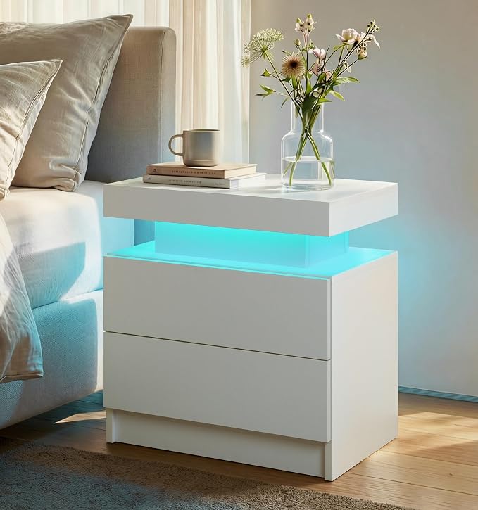i-aplus LED Nightstand with Wood 2 Drawers Modern Bedside Table for Bedroom | Nightstands with App-Controlled RGB LED Lights, Night Stand with Storgae Drawer, Modern Bedside Table for Bedroom