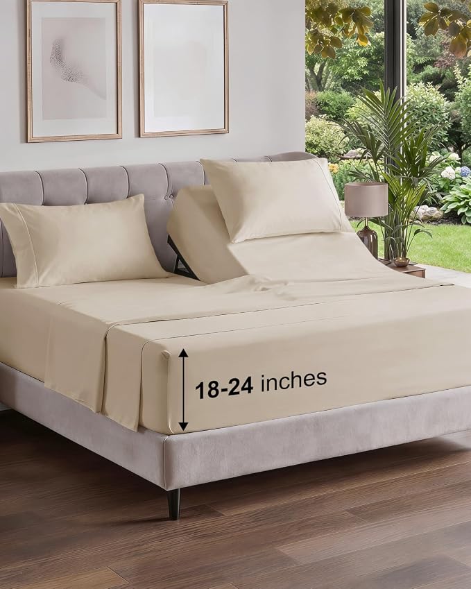 Flex Top Split Head King Sheet Set - 4 Piece Extra Deep Sheets - Wheat | Easily Fits 18 to 24 inch Mattress, Ultra Soft, Wrinkle & Fade Free with Extra Deep Pockets, Comfy Hotel Luxury Bedding