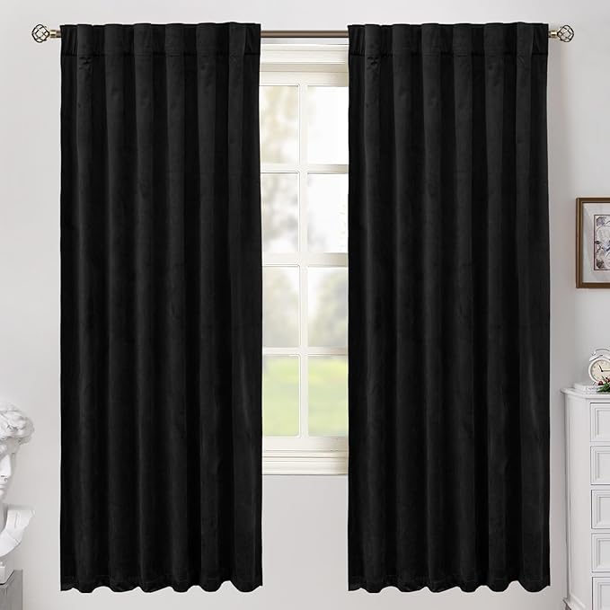BGment Black Blackout Velvet Curtains for Bedroom, 2 Panels, 52 x 72 Inch | 72 Inch Black Out Curtains, Thermal Insulated, Room Darkening, Elegant Window Drapes for Living Room, Back Tab Rod Pocket