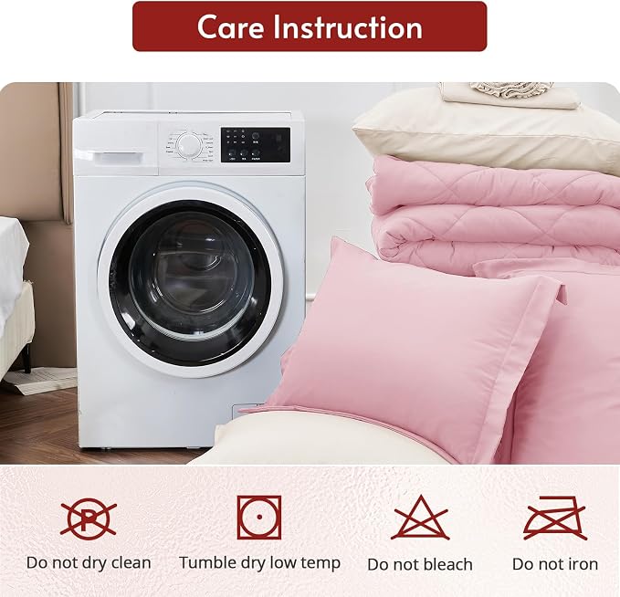 7 Pieces Queen Comforter Set, Reversible Bed in a Bag Queen Size, All Season Bedding Set with Comforter, Flat Sheet, Fitted Sheet, Pillowcases & Shams, Light Pink & Ivory