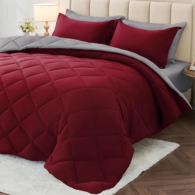 7 Pieces Queen Comforter Set, Reversible Bed in a Bag Queen Size, All Season Bedding Set with Comforter, Flat Sheet, Fitted Sheet, Pillowcases & Shams, Burgundy & Grey