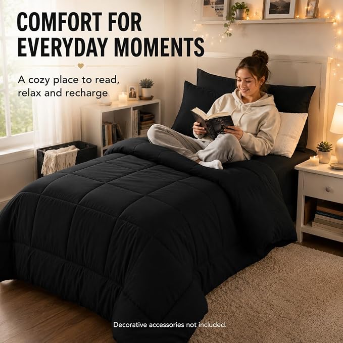 Twin XL Comforter Set Black - 5 Pieces Twin XL Bed in a Bag | College Dorm Essentials, OEKO-TEX Certified, All Season, Down-Alternative Comforter + Flat & Fitted Sheets + 2 Pillowcases