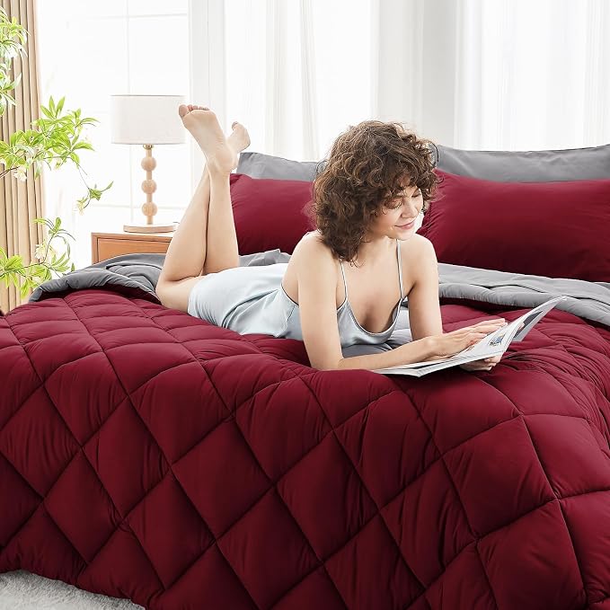 7 Pieces King Comforter Set, Reversible Bed in a Bag King Size, All Season Bedding Set with Comforter, Flat Sheet, Fitted Sheet, Pillowcases & Shams, Burgundy & Grey