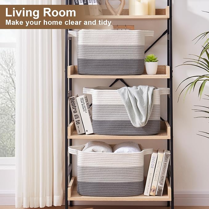 OIASKET Storage Basket for Organizing, Woven Baskets for Storage, Rectangle Decorative Baskets for Shleves, Closet, Toys, Books, Nursery Organizer Bins - Pack of 3 (Gradient Gray, 15.75"x11.8"x9.85")