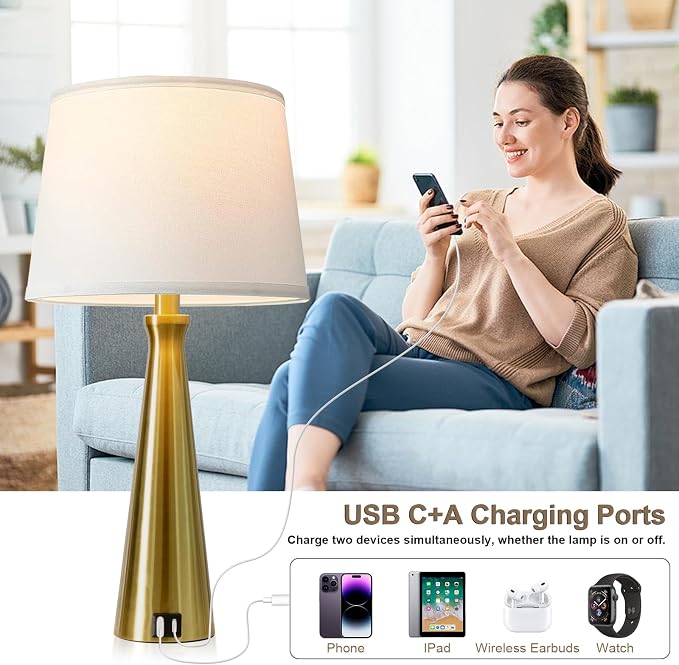 Modern Touch Lamps for Nightstand, 3 Way Dimmable Bedroom Lamp Set of 2 | USB C+A Charging Ports, Gold Bedside Lamps for Bedroom, Living Room, End Table, Bed Side, LED Bulb Included