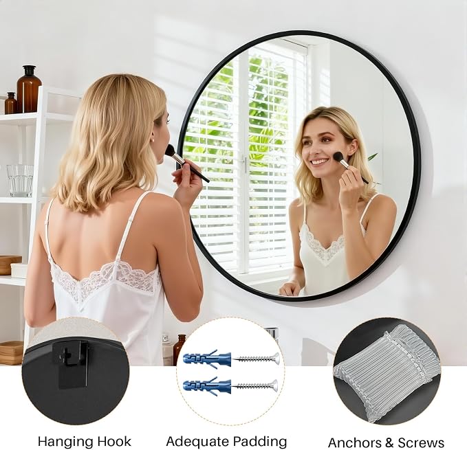 Bathroom Mirror for Wall, 24 Inch Round Mirrors | Circle Vanity Mirror for Bathroom Bedroom Living Room Entryway, Anti-Rust, Tempered Glass, Hanging or Leaning