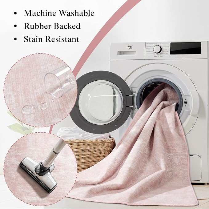 8x10 Washable Area Rug, Pink Solid Area Rugs for Living Room & Bedroom | Stain-resistant & Non-slip backing,Low Pile Washable Large Carpet, Solid Vintage Style For High Traffic Areas(8x10,Pink)