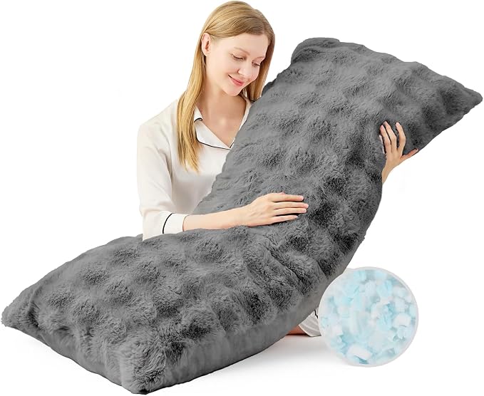YZ HOME Faux Fur Fluffy Body Pillow for Adults, Soft Support | Firm Body Pillow, Adjustable Support for Side Sleeping, Pregnant Women, Washable cover,Gifts, 20x54 Inch (Grey)